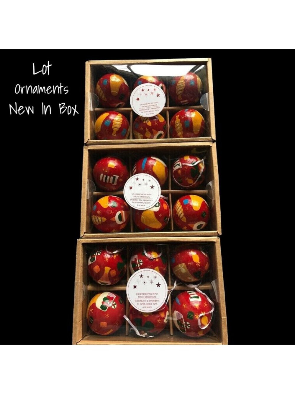Paper Mache Ornament Round Balls Handcrafted Christmas Holiday Lot 18 New in Box